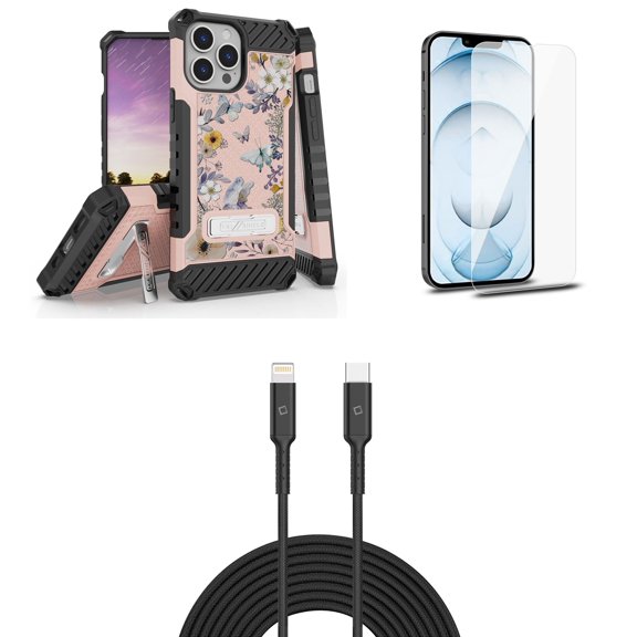 Bemz iPhone 13 Pro Max Bundle: Tri Shield Shockproof Armor Rugged Case (Lavender Butterflies), Premium Glass Screen Protectors (2-Pack), USB-C to Lightning Cable (3.3ft/1m)