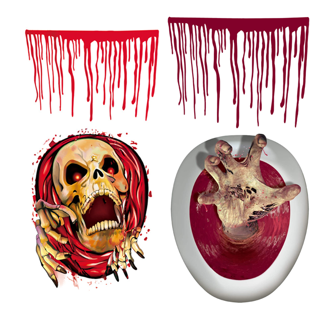 Paquete de 2 fundas para asiento de inodoro de Halloween, calcomanía 3D de terror para decoración del hogar con temática de Halloween (calavera y manos sangrientas), pegatina decorativa de pared para