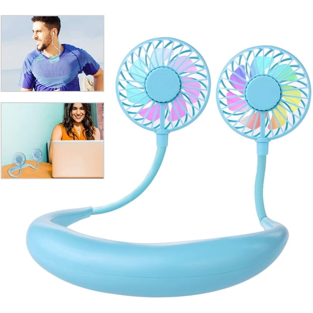 Ventilador de cuello portátil, mini ventilador USB, ventilador de cuello recargable, ventilador de cuello, viento de doble cabeza de 3 velocidades para acampar al aire libre (azul) JM