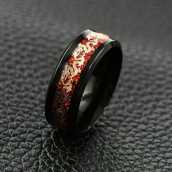 1pc Men's Stylish Multicolor Vintage Dragon Pattern Stainless Steel Ring - Black with Orange & White Accents, Intricate Design, Durable and Shiny Finish,【Red】,10