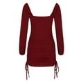 thumbnail image 6 of Women's Square Neck Dress Long Sleeve Drawstring Ruched Wrap Dress Casual Slim Fit Party Beach Mini Dresses, 6 of 9