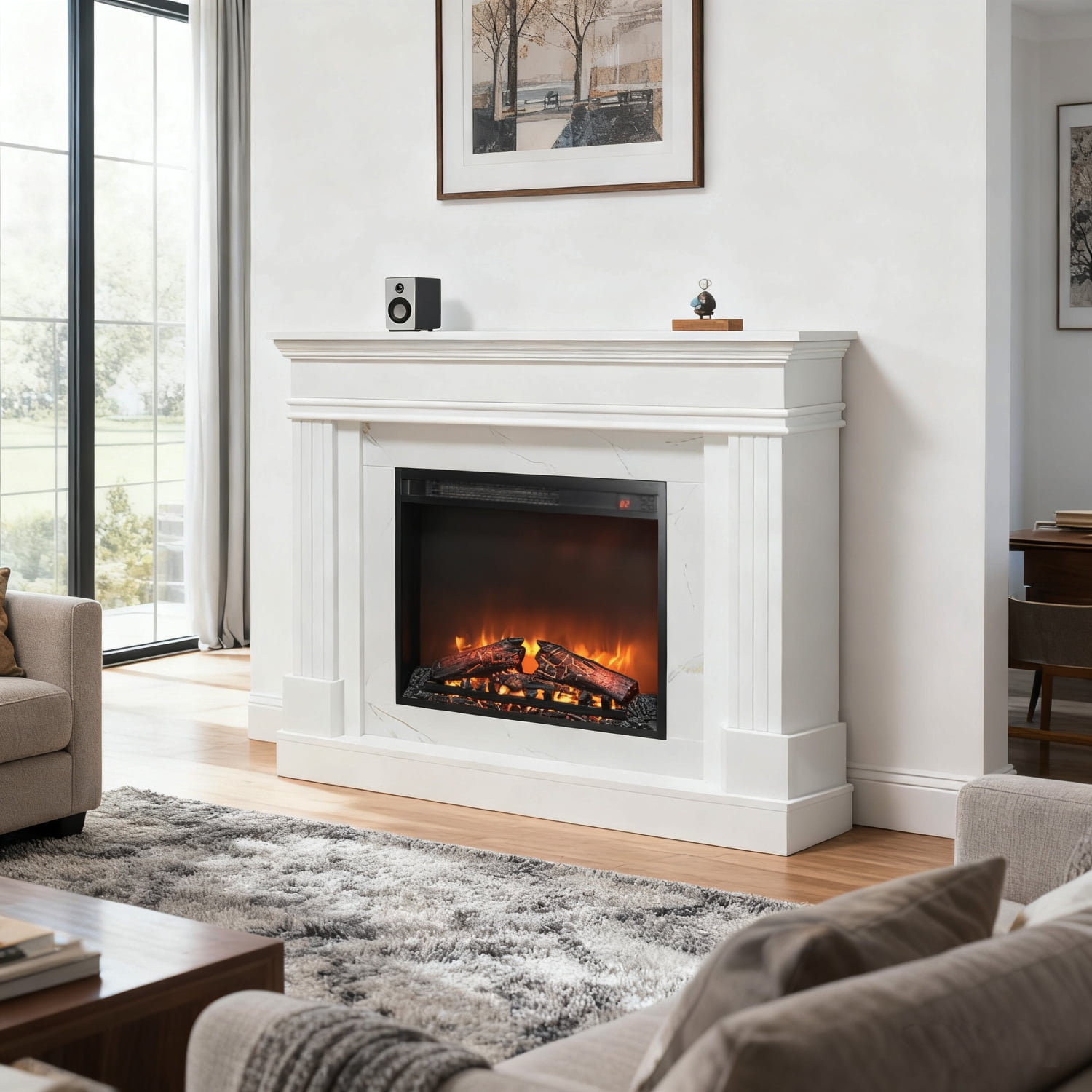 Lisonu 44" Nordic White Electric Fireplace Mantel with Realistic 3D Flame, Faux Stone Texture Surround & Remote Control for Cozy Living Room Decor