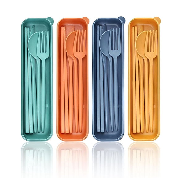 Reusable Travel Utensils with Case, 4 Sets Wheat Straw Portable Cutlery Set Chopsticks Knives Fork and Spoon for Lunch Box Accessories, Camping Flatware Sets for Daily Use or Outdoor