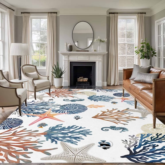 5'x7' Area Rugs for Living Room Bedroom, Blue Coral Coastal Washable Rug Carpet Runner Indoor Outdoor, Summer Beach Starfish Nautical Non Slip Floor Mats Area Rug for Kitchen, Nursery