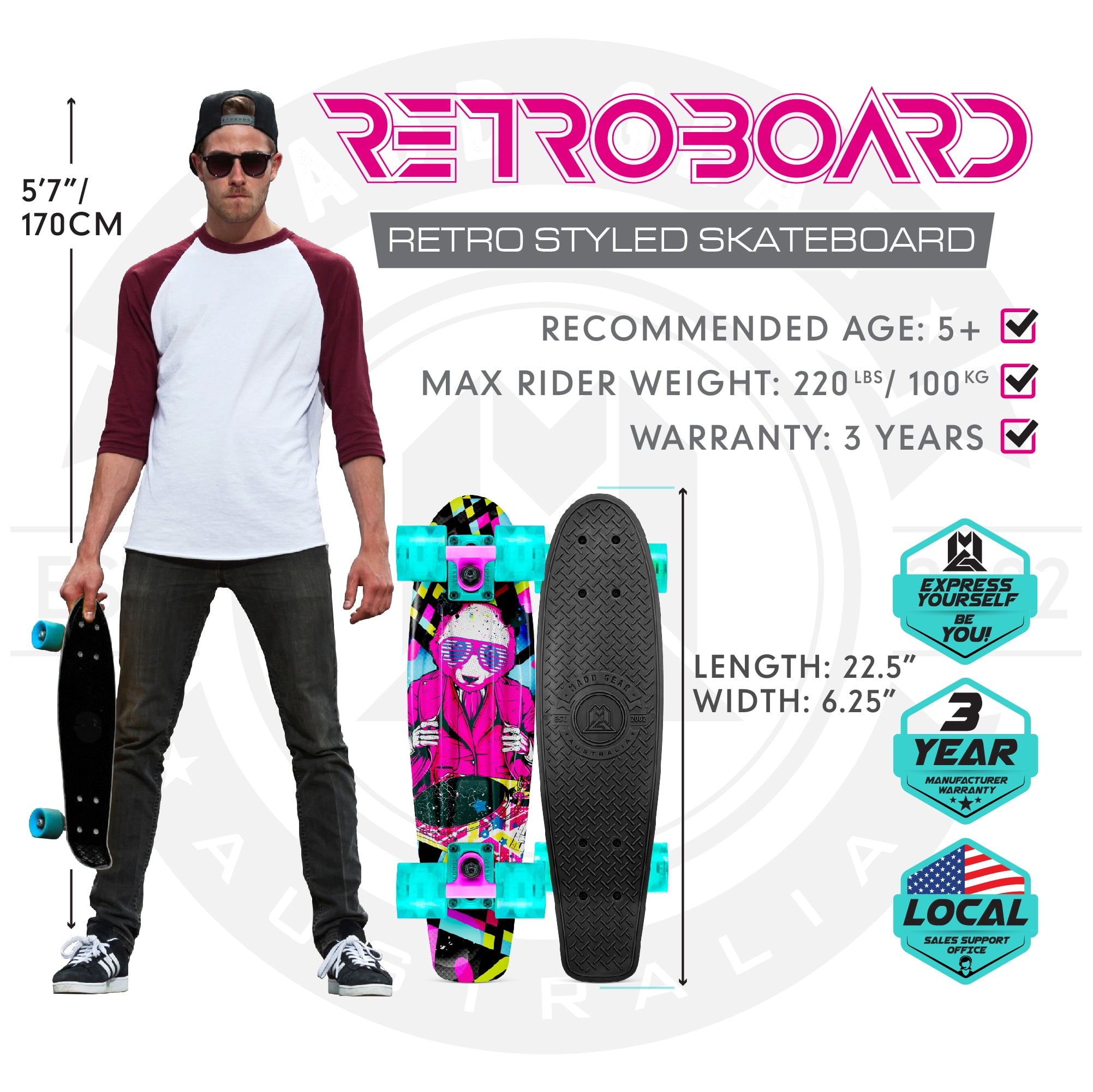 Madd Gear Retro Skateboard – DJ Panda – Great for Ages 5+ - Max Rider Weight 176lbs – 3 Year Manufactured Warranty – Leading Action Sports Brand!