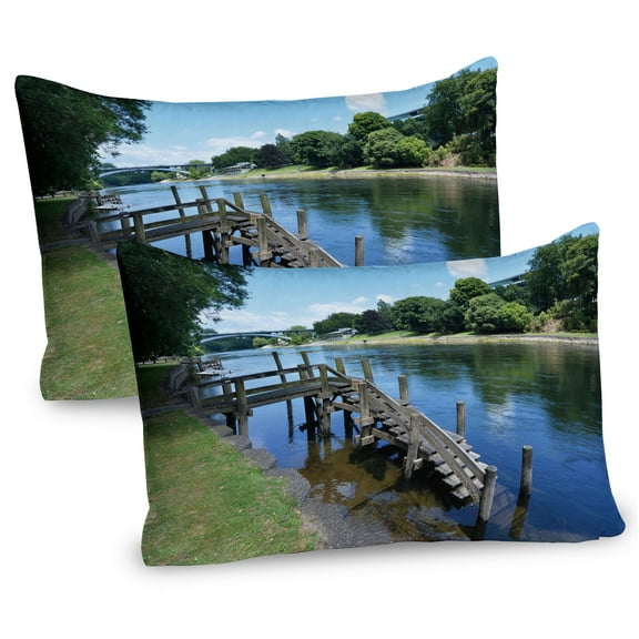 Ambesonne Outdoor Pillow Sham 2 Pack, Waikato River Hamilton, 36"x20", Green Blue Grey