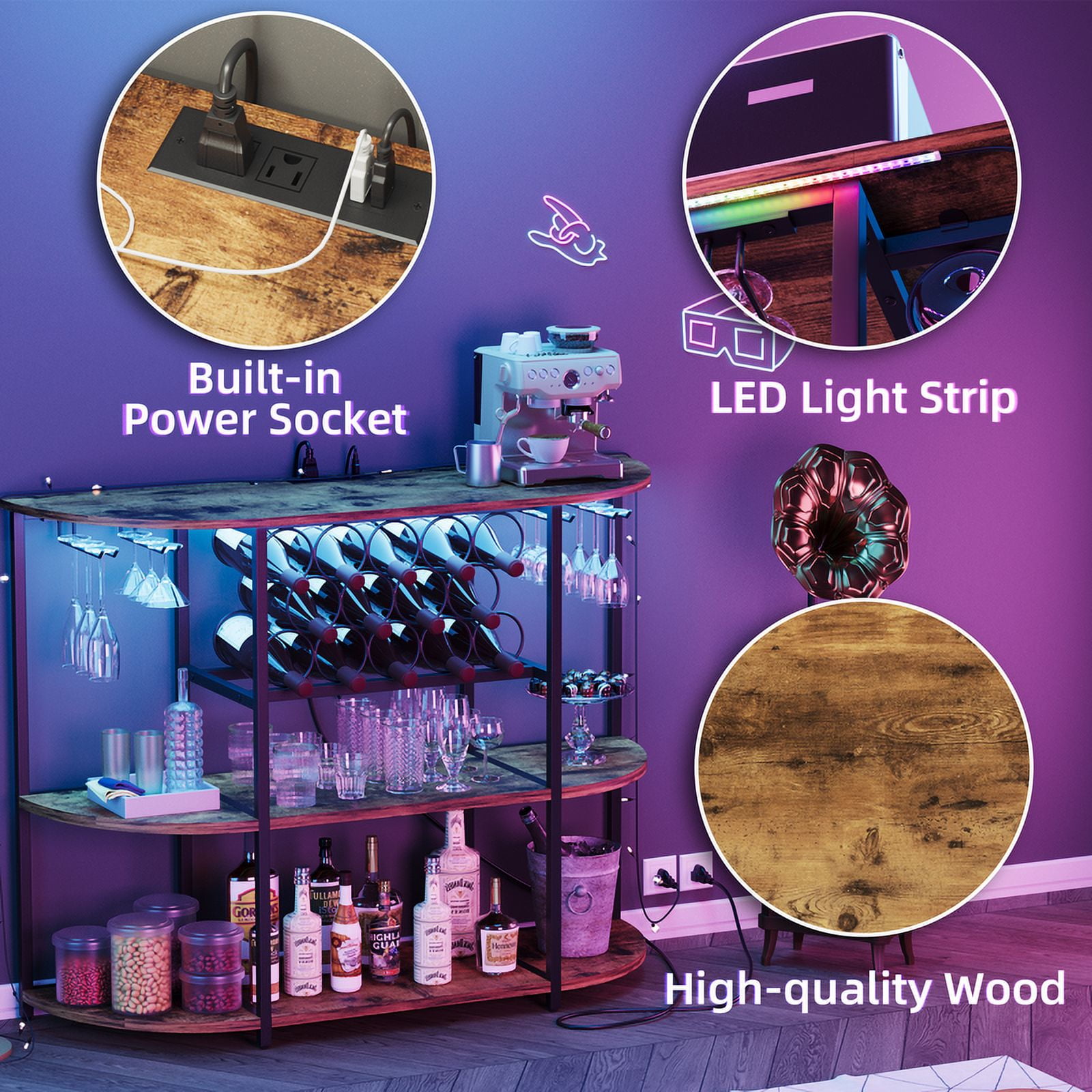 Homall Wine Bar Cabinet with RGB LED Lights Outlet, Bar Table Home Mini Bar Coffee Bar with Power Strip , Kitchen &Room Wine Rack with Mobile App Control, Brown