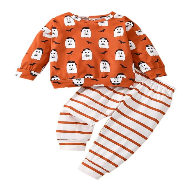 Tenues d'Halloween pour Bébés Garçons, T-shirt à Manches Longues à Col Rond avec Imprimé Ghost Bat et Pantalon à Rayures