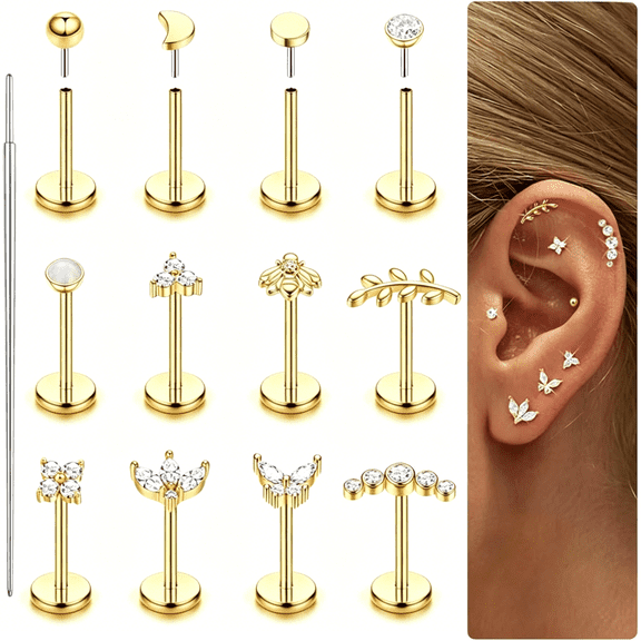 DESIGNICE 14K Gold Plated Threadless Flat Back Earrings for Women Men Surgical Steel Push in Nose Piercings Lip Rings Cz Nostril Helix Conch Medusa Tragus Piercing Jewelry 16/18/20G