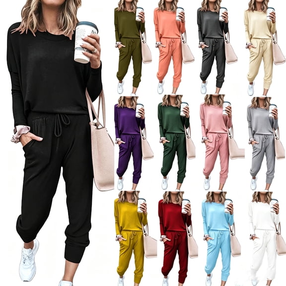 Travel Outfits for Women 2 Piece Sets Long Sleeve Crewneck Tops Drawstring Elastic Hems Jogger Pants Winter Matching Track Suits with Pockets