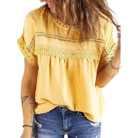UVN Summer Shirts for Women Short Sleeve Blouses Ladies Crewneck Lace Crochet Tops Dressy Chiffon Blouses