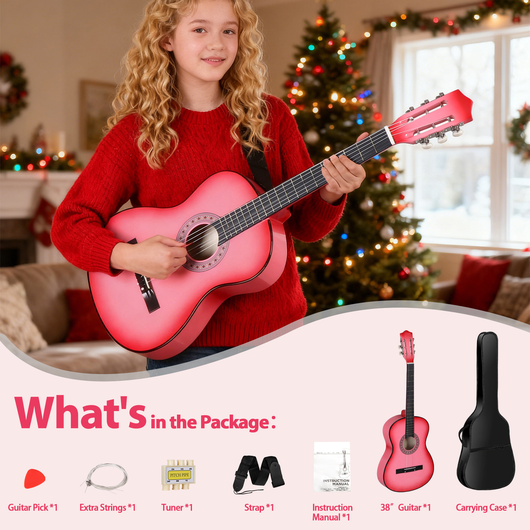 ZenSports 38-in Kids Beginner Acoustic Guitar Starter Kit 6 Strings W/Case, Strap, Tuner, Pick -Pink