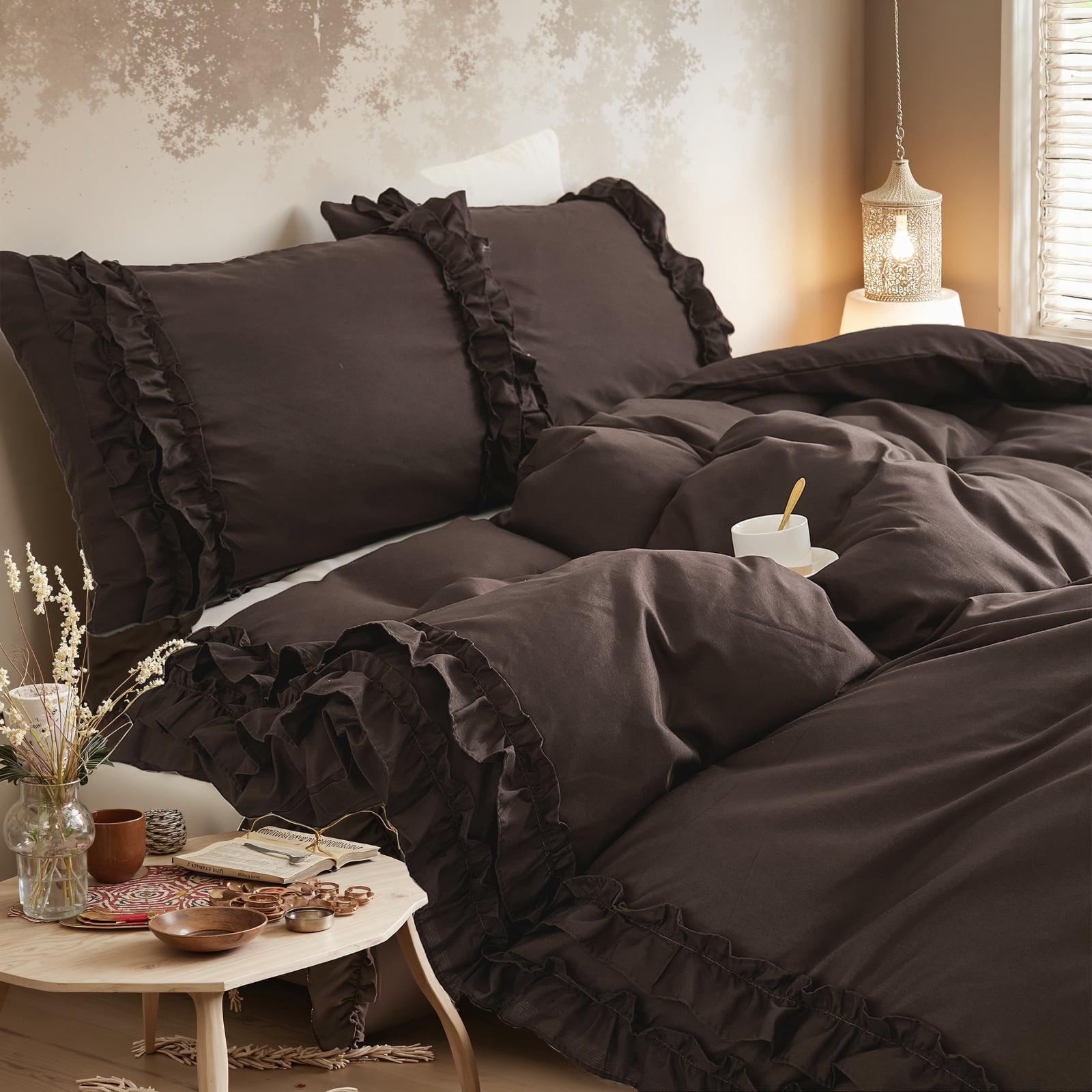 Dark Brown Ruffle Duvet Cover Set Queen Size Shabby Chic Bedding Set Ruffled Farmhouse Chocolate Comforter Cover Boho Duvet Cover Set