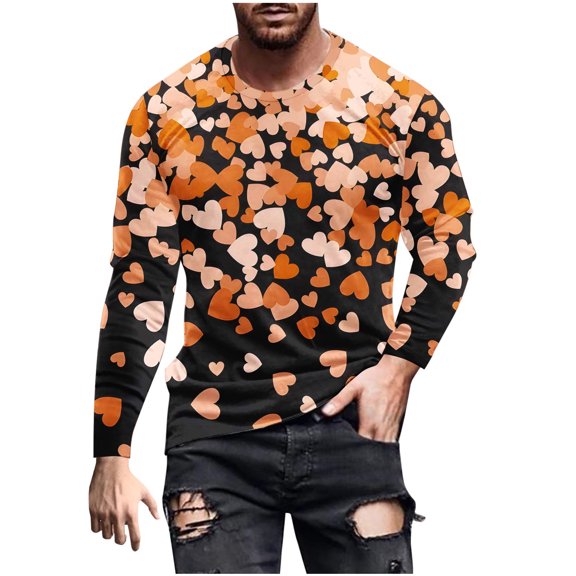 SERTG Mens Shirt Valentine's Day PrintSports T-Shirt Long Sleeve Round Neck Top Party Dating Outdoor Activities Tops Festival Gifts for Men(Orange,XL)