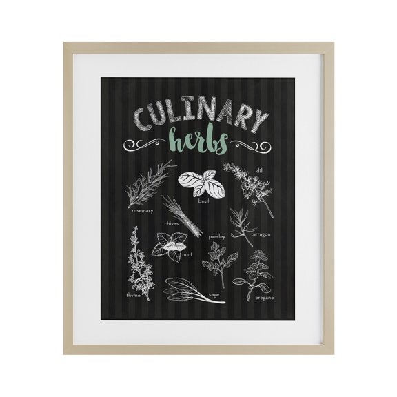 Culinary Herbs on Stripes Birch Framed Print Under Glass, design by Lettered and Lined