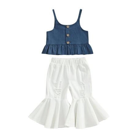 

Canrulo Toddler Baby Girls Summer Outfits Sleeveless Ruffle Button Crop Top Ripped Flared Pants 2Pcs Clothes Blue 2-3 Years