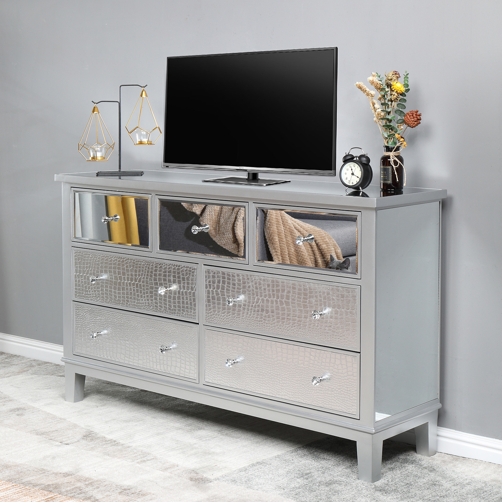FCH Mirrored Glass TV Stand with 7 Drawers Silver,Silver,Tv Stands