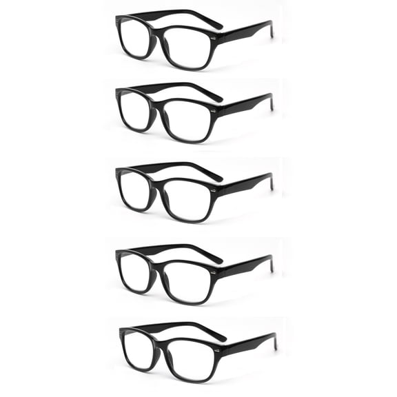 EYE ZOOM 5 Pack Retro Style Plastic Frame Reading Glasses for Men and Women, Black 1.75