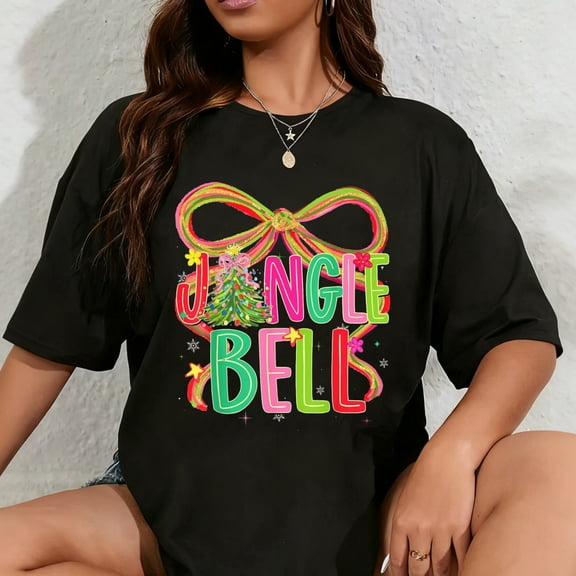 100% Cotton Jingle Bells Coquette Bow Merry Christmas Tree Girl Women T-Shirt
