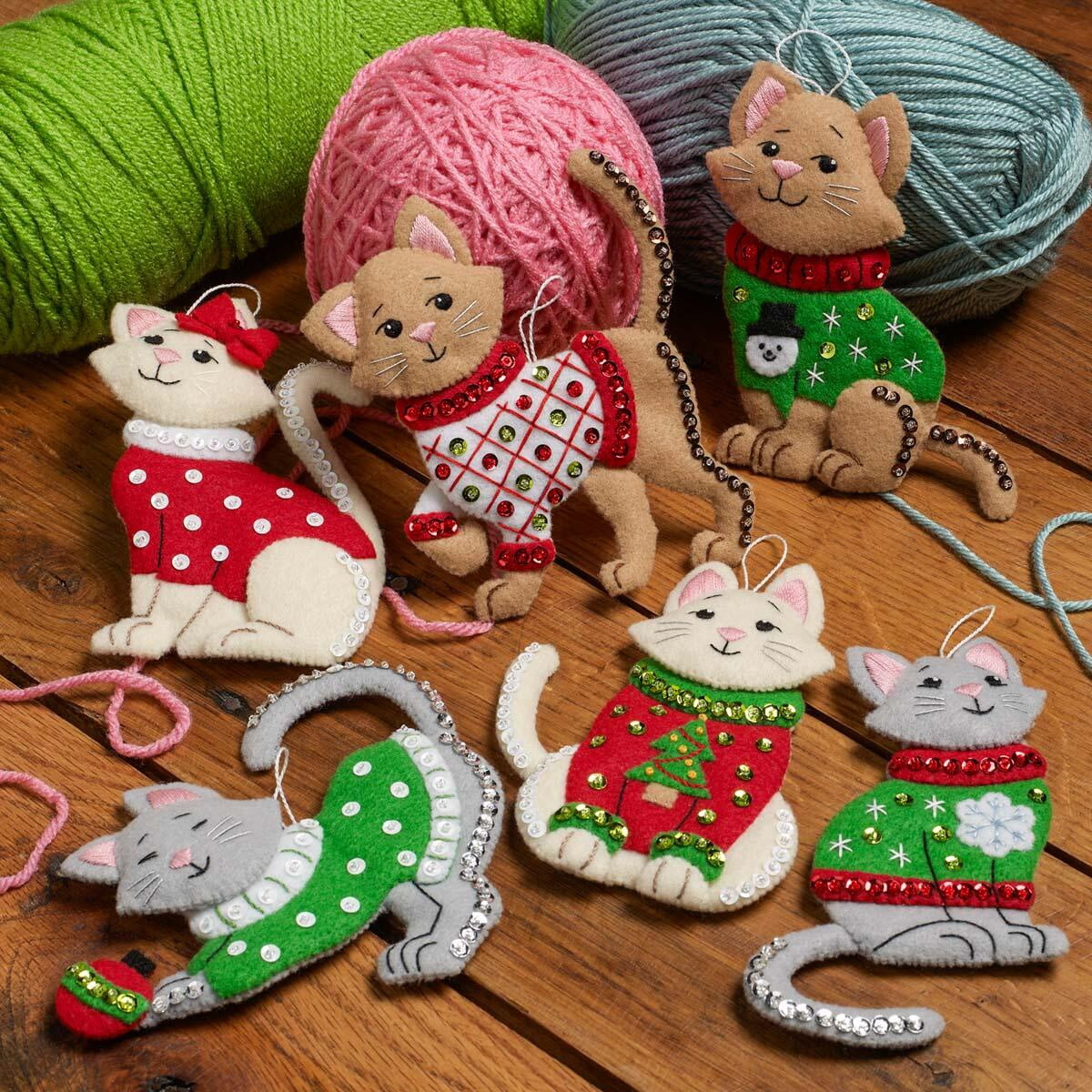 Bucilla Cats in Ugly Sweaters 6 Count Felt Applique Ornament Kit, 4.5 x 5.5 in