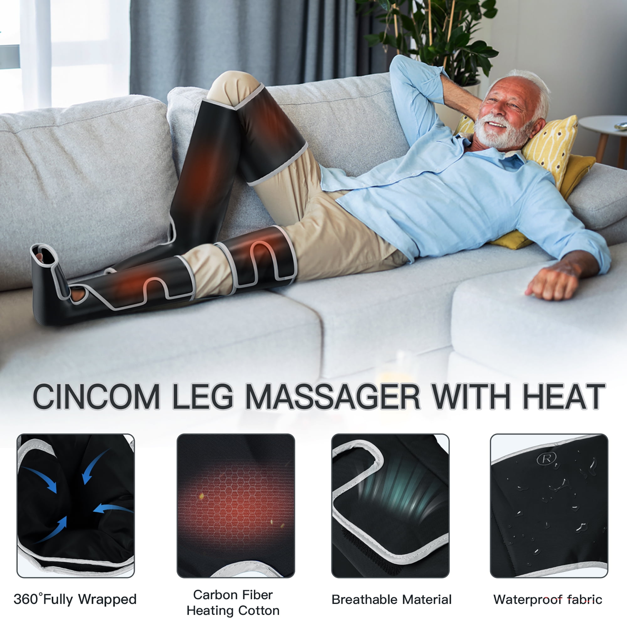 CINCOM Leg Massager with Heat for Circulation, Full Leg and Foot Compression Boots Massager for Calf & Thigh Muscle Relaxation and Recovery, Silver
