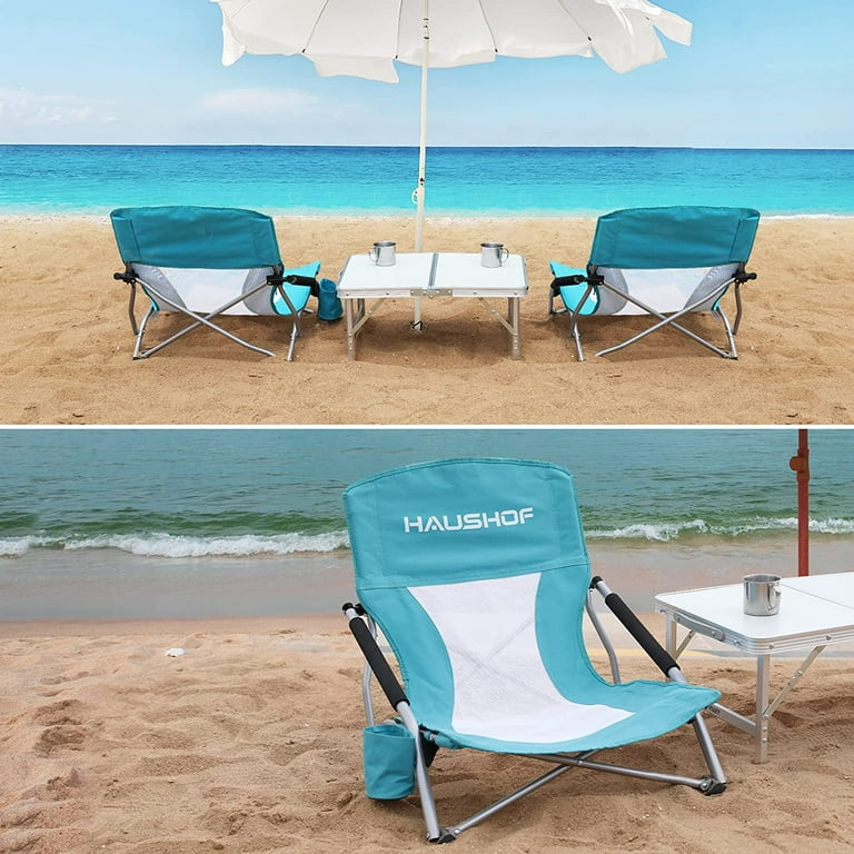 HAUSHOF Low Beach Chair, Mesh Back Folding Chair, Lightweight Low Seat Camping Chairs with Cup Holder, Carry Bag, Padded Armrest, for Outdoor Beach HAUSHOF Low Beach Chair, Mesh Back Folding Chair, Lightweight Low Seat Camping Chairs with Cup Holder, Carry Bag, Padded Armrest, for Outdoor Beach