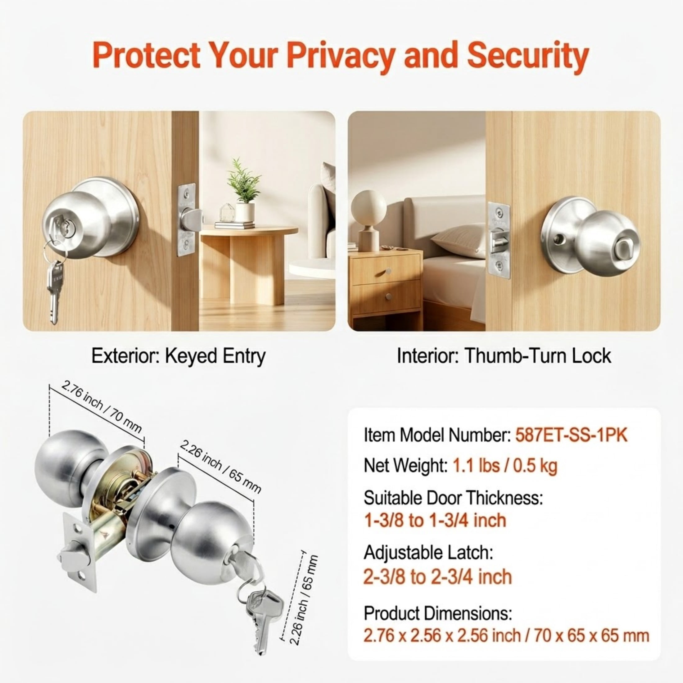 Satin Nickel Keyed Entry Door Knob, Modern Round Ball Lockset with Thumb Turn Interior and Keys, All-Metal Hardware for Bedroom and Bathroom