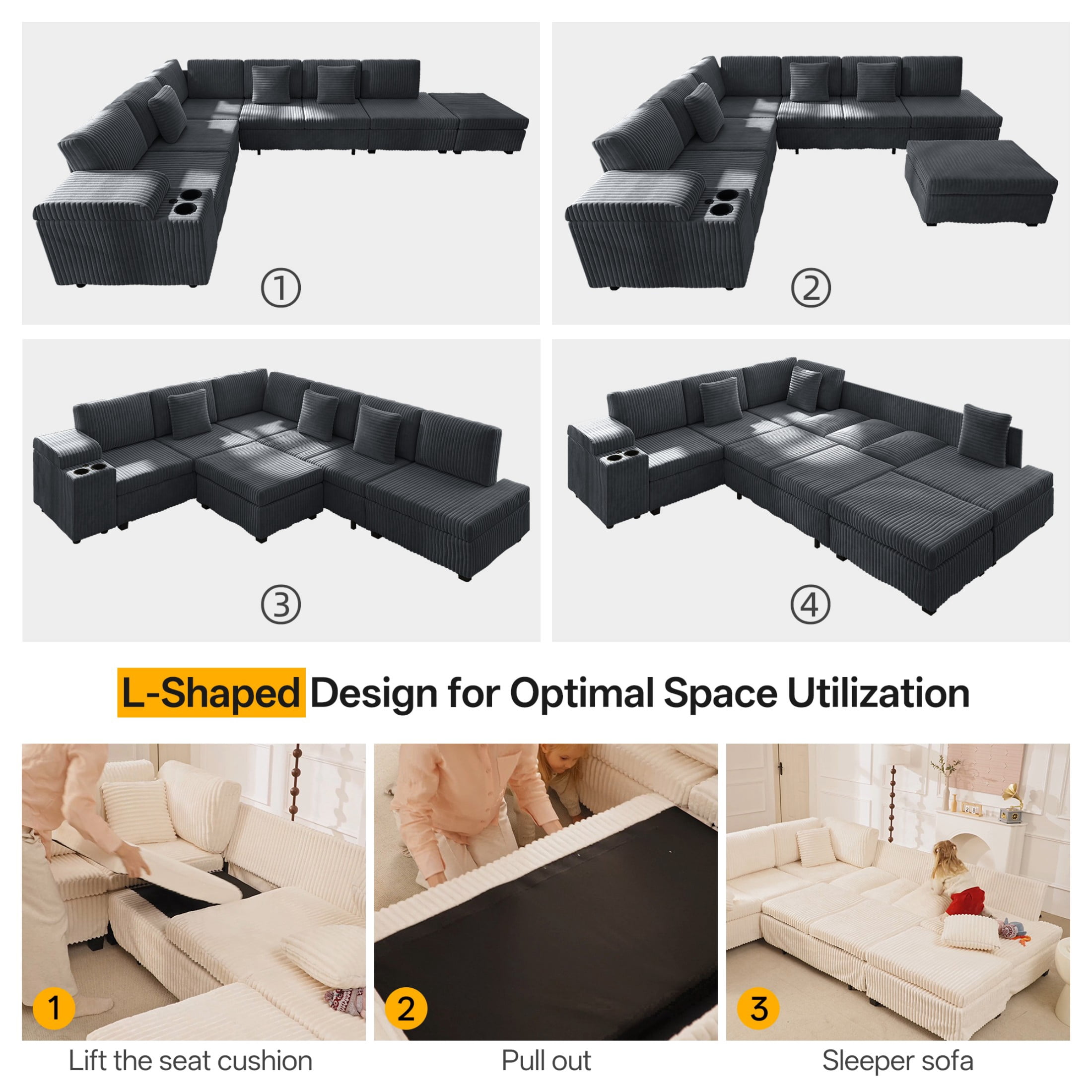 LLappuil 110" Sectional Sofa, Modular Sectional Couch Convertible Sofa Bed, 7 Seat Corduroy Sofa Couch with Movable Ottoman, Hidden Armrest Storage & USB Charging Ports Dark Gray