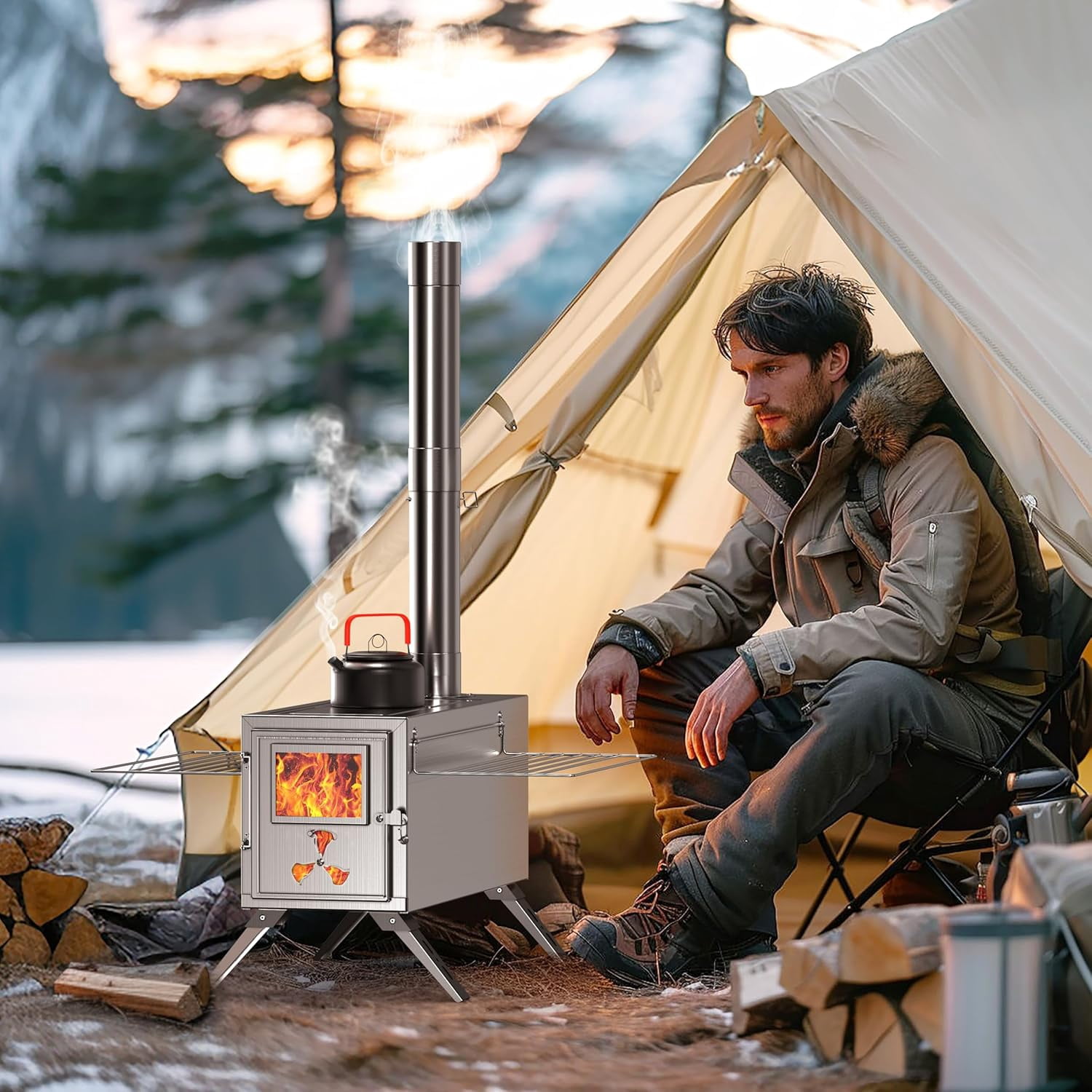 FICISOG Outdoor Wood Burning Stove Portable Camping Wood Stove Stainless Steel Camping Tent Stove with Chimney Pipes, Firebox Hot Camping Cooking Stove for Hiking Backpacking