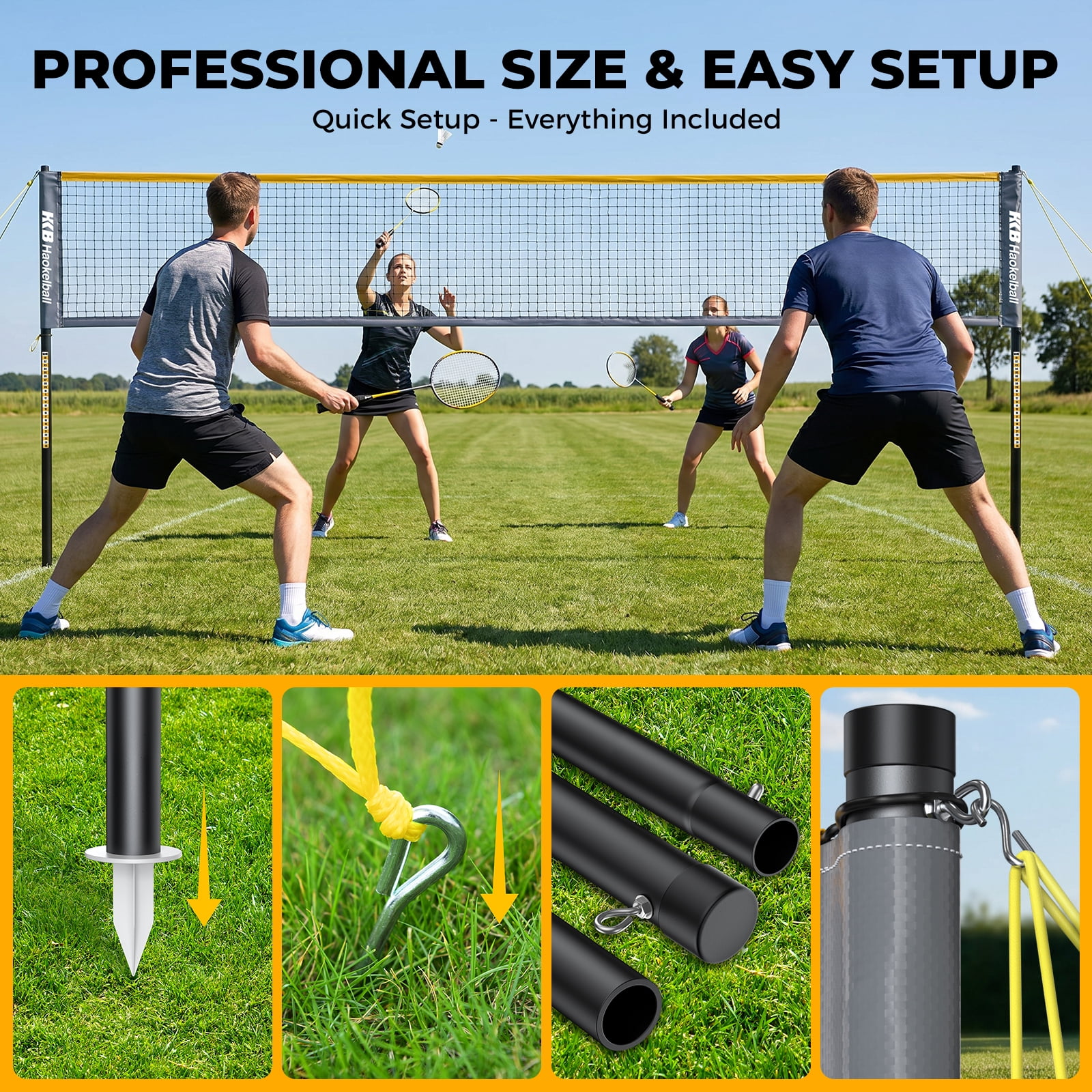 Haokelball Badminton Set with Net for Backyard – Outdoor Game Set with Tension Adjuster, 4 Rackets, Shuttlecocks, Poles, Boundary Line & Carry Bag