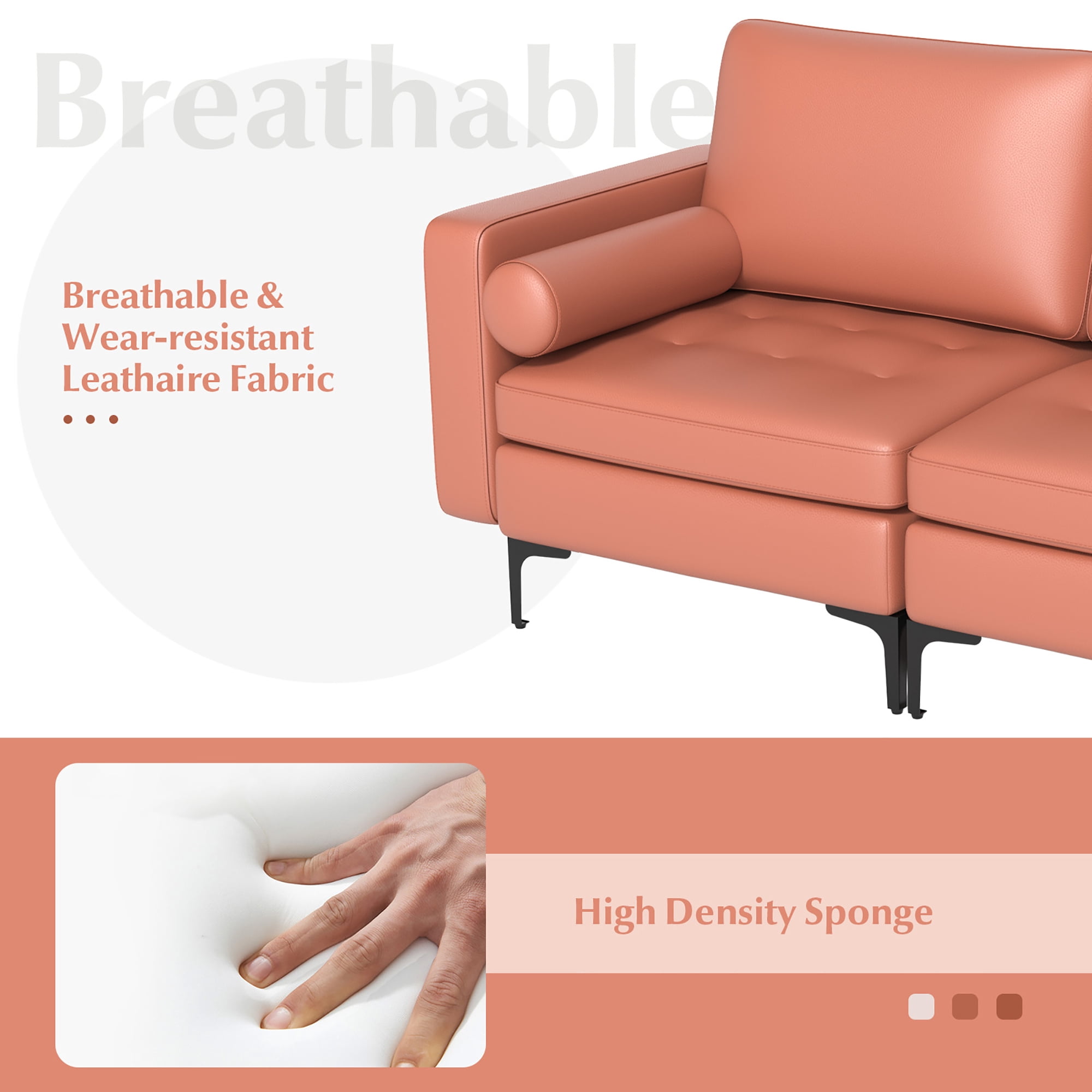 Costway Modern Loveseat 2-Seat Sofa Couch w/ 2 Bolsters Side Storage Pocket Coral Pink