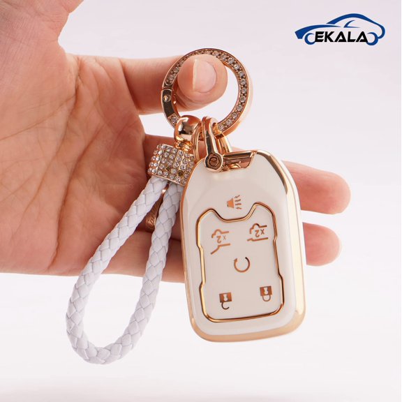 Key Fob Cover Compatible with Fit for GMC Terrain Yukon Chevy Suburban Tahoe 6-Button Soft TPU Leather Black Gold Keychain Case Holder Protector