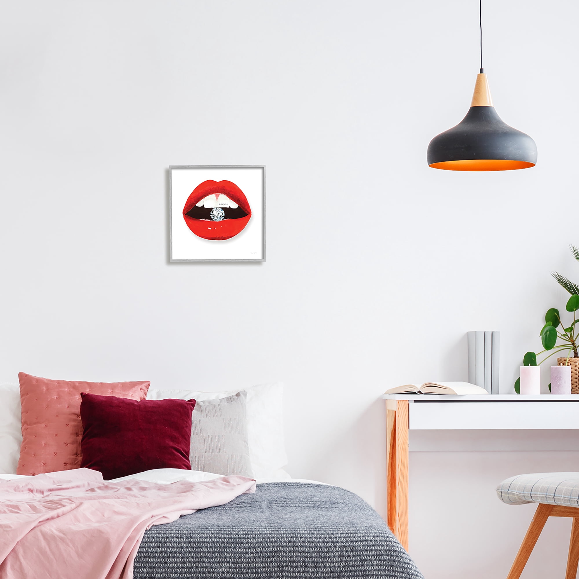 Stupell Industries Shine on Red Lips Typography Painting Gray Framed Art Print Wall Art, 12 x 12