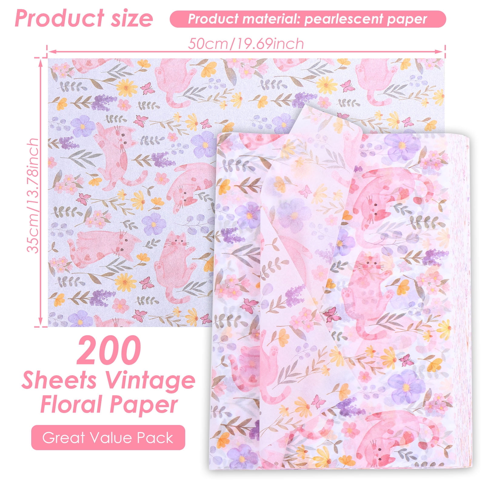 Atopoler 200 Sheet Cartoon Tissue Paper,Cute Animal Floral Preasent Wrap Tissue Paper for Wrapping Crafting Packing,20 x 14 inches,Pink Color