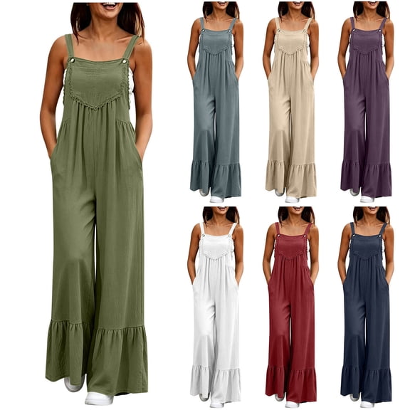 VBVC Women's Ruffle Hem Wide Leg Overalls , Adjustable Strap Sleeveless Jumpsuit For Women , Ladies' Casual Baggy Romper with Pockets,Army Green,S-3XL