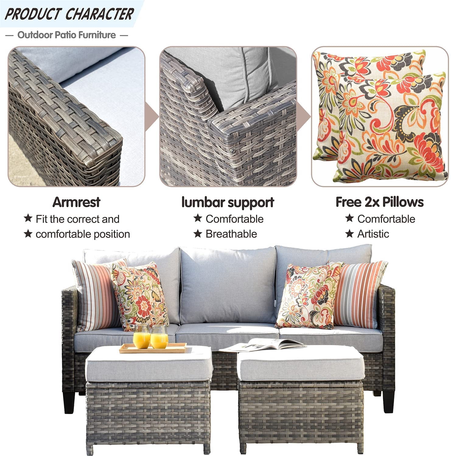Ovios 3-Piece Outdoor Furniture Set All-Weather Wicker Patio Sofa with Cushions for Conversations
