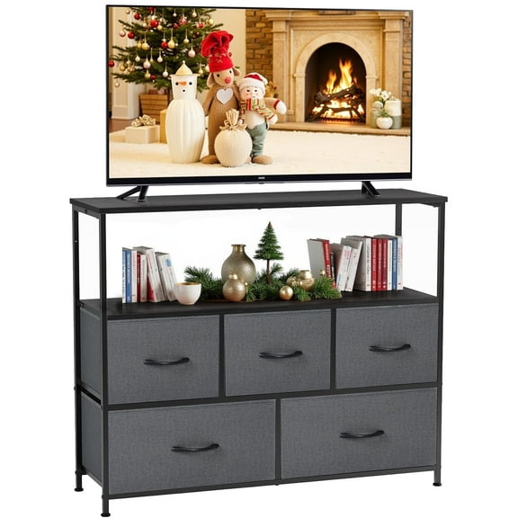 Simenmax 5 Fabric Drawer Dresser TV Stand for Bedroom, Entertainment Center for 45 Inch TV with Storage Drawer Unit, Open Shelf, Adjustable Feet, Living Room, Gray