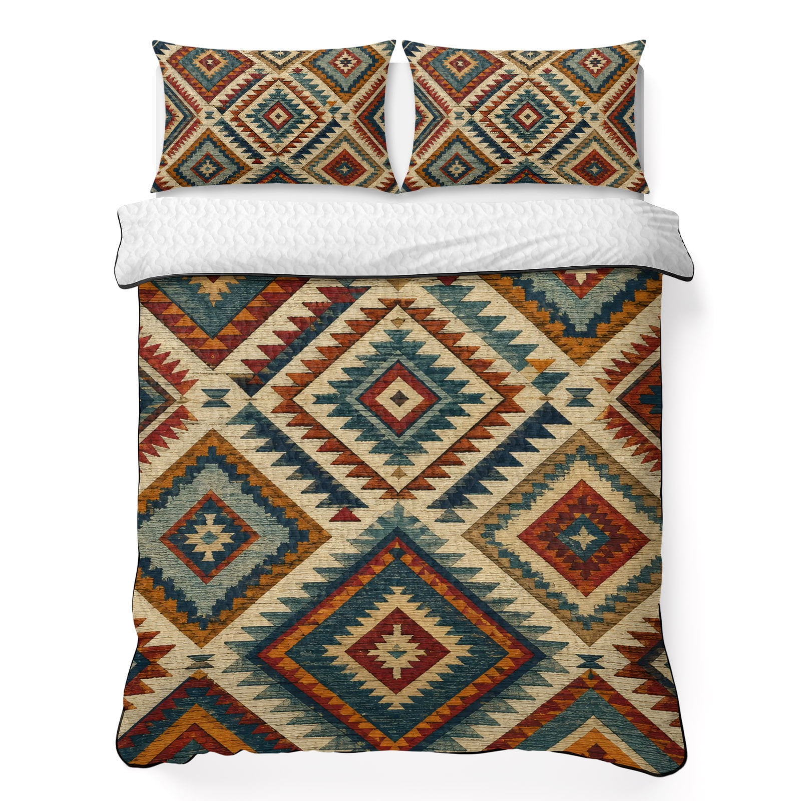 Quilts King Size Bedding Set Boho Western Lightweight Quilted Comforter Farmhouse Modern Abstract Retro Geometric Soft Reversible Bedspread Coverlet with Pillow Covers for All Season 96 x 106
