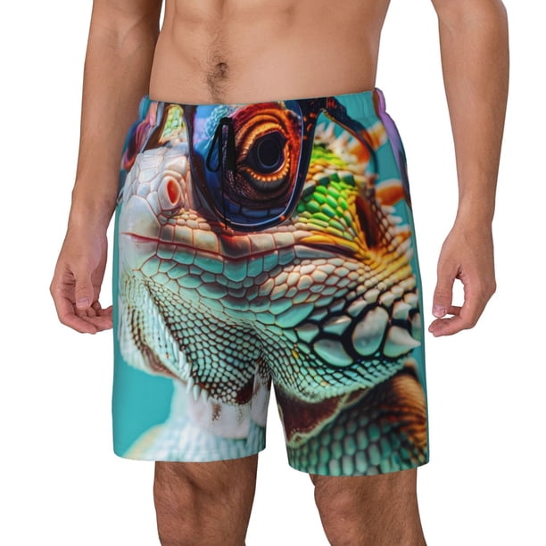 Balery Stylish Sunglasses Iguana Bañador para hombre, shorts de playa de secado rápido con entrepierna y forro de compresión-Large