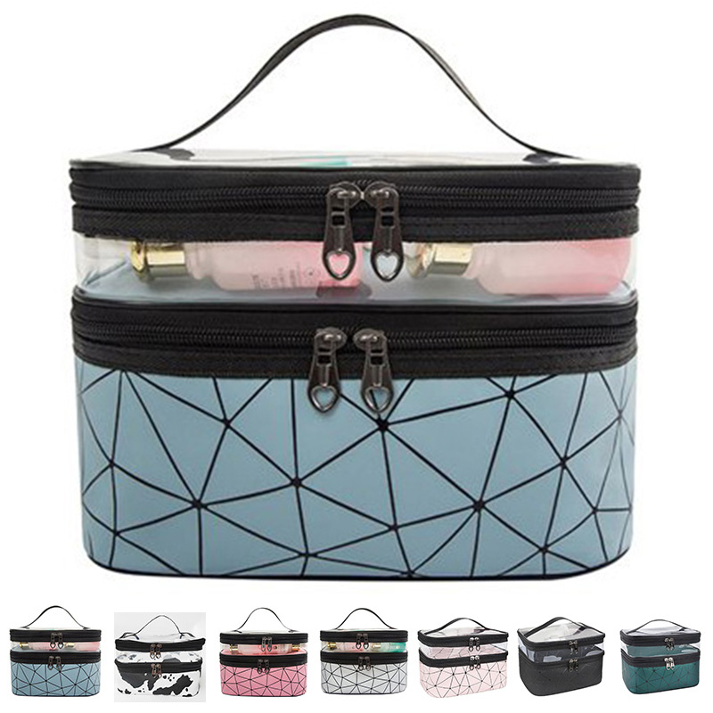Makeup Bag Organizer Cosmetic Bags Double Layer Clear Travelling Waterproof Make Up Case PU