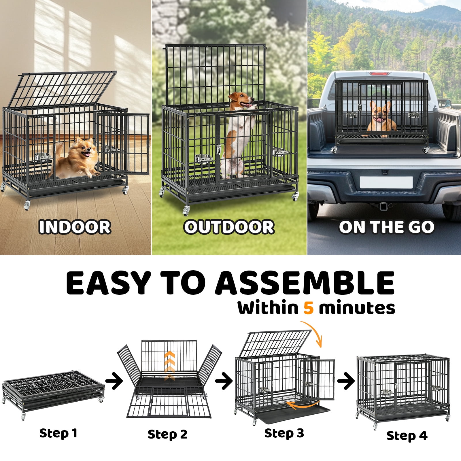 Homey Pet 37 Inch Stackable Heavy Duty Dog Crate Indestructible, Escape Proof Dog Cage with Wheels, Tray, High Anxiety Dog Kennel Indoor Double Door, Collapsible Dog Crates for Medium Dogs