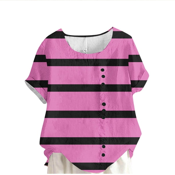 Vestidos Casuales Para Mujer, Blusas De Mujer De Moda Blusa informal de lino con botones y manga corta estampada para mujer