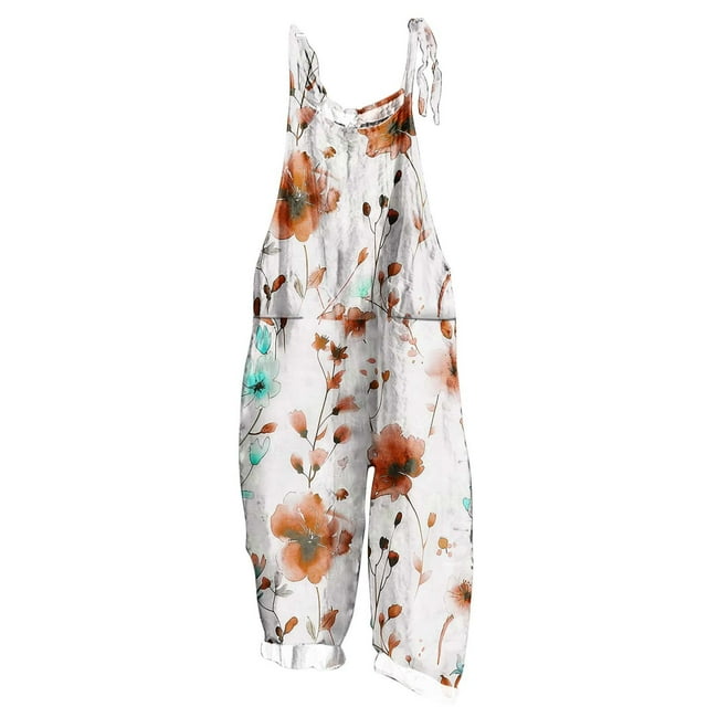yoeyez Rompers for Women Plus Size,Womens Summer Printed Plus Size Romper Sleeveless Adjustable Straps Backless Jumpsuits With Pockets Orange,M