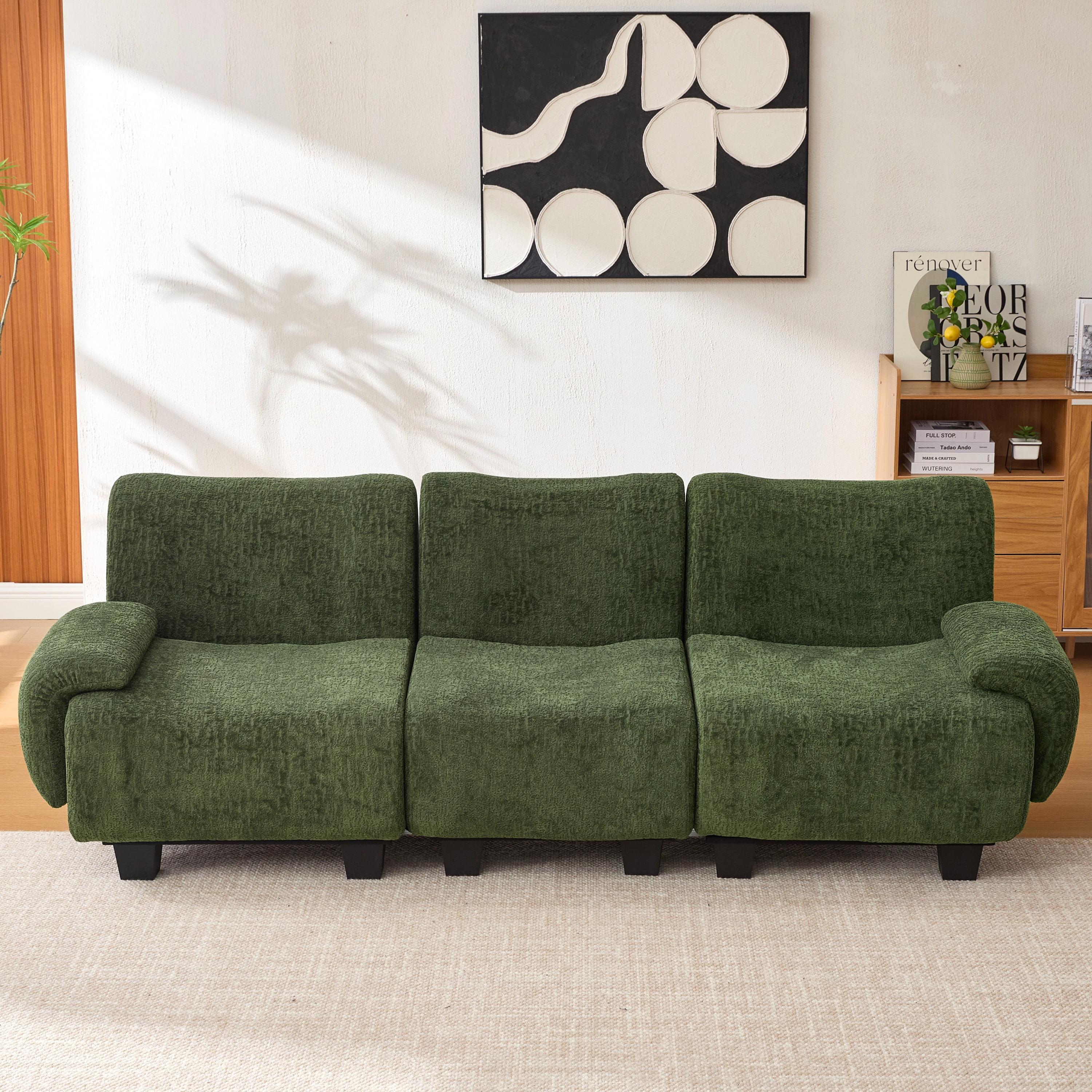 Euroco Modern 3-seater Sofa 94.5" Sofa Couch Chenille Upholstered Sofa with Curved Armrests for Living Room, Apartment, Guest Room, Green