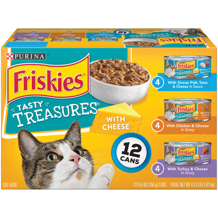 (12 Pack) Friskies Tasty Treasures With Cheese Adult Wet Cat Food Variety Pack, 5.5 oz.