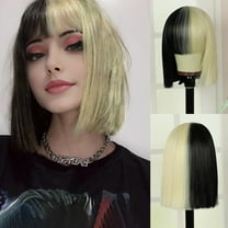 Lakihair Half Blonde Black 2 Tone Short Straight Hair Bob Wig with Bangs Cosplay Wigs for Women