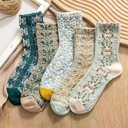 

5 Pairs Vintage Court Style Socks Retro Floral Print Mid Tube Socks Women‘s Stockings & Hosiery