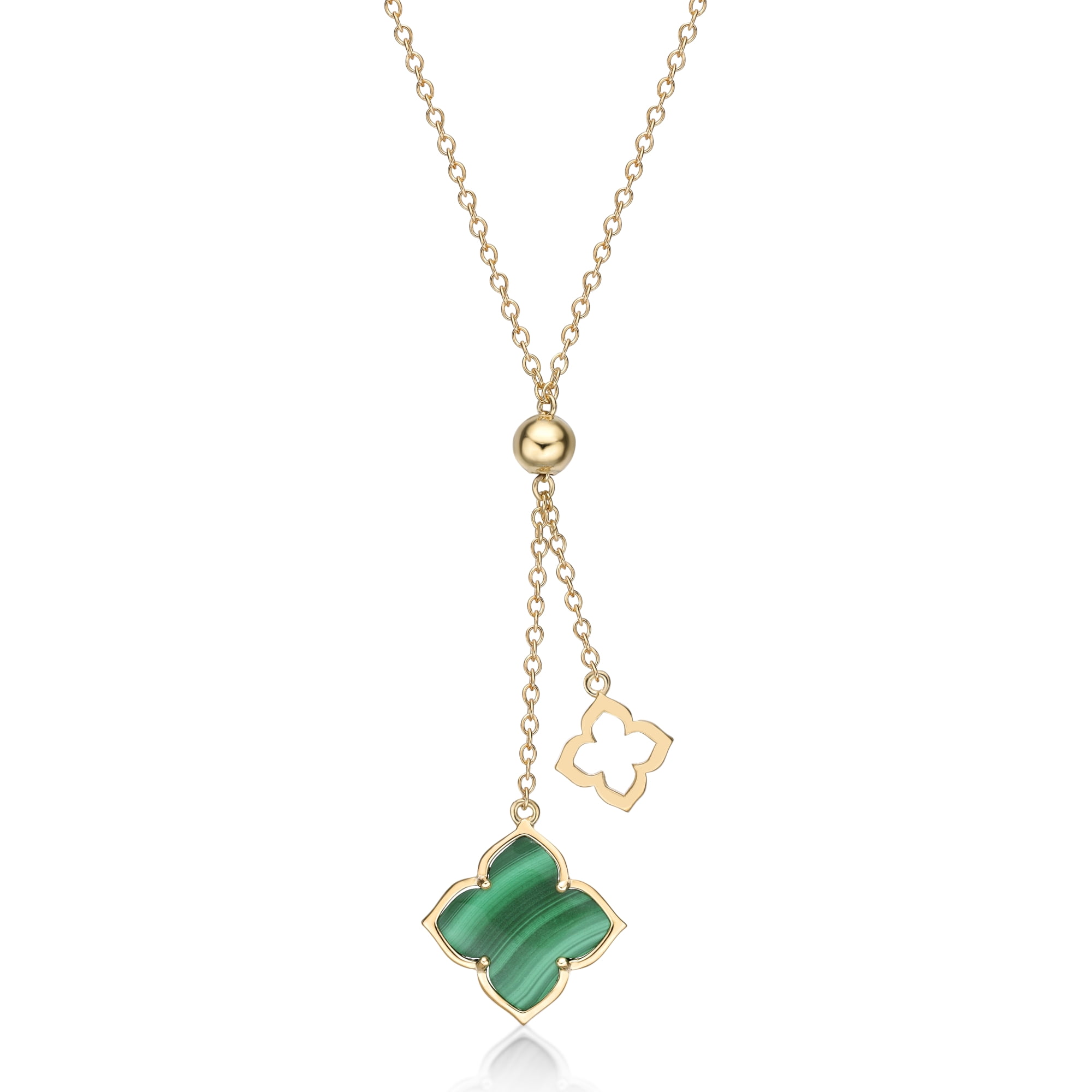 Malachite and Cubic Zirconia Double Flower Pendant Necklace for Women in 925 Sterling Silver with Yellow Gold Plating 16 to 18 Inches Adjustable Spring Ring by Lavari Jewelers