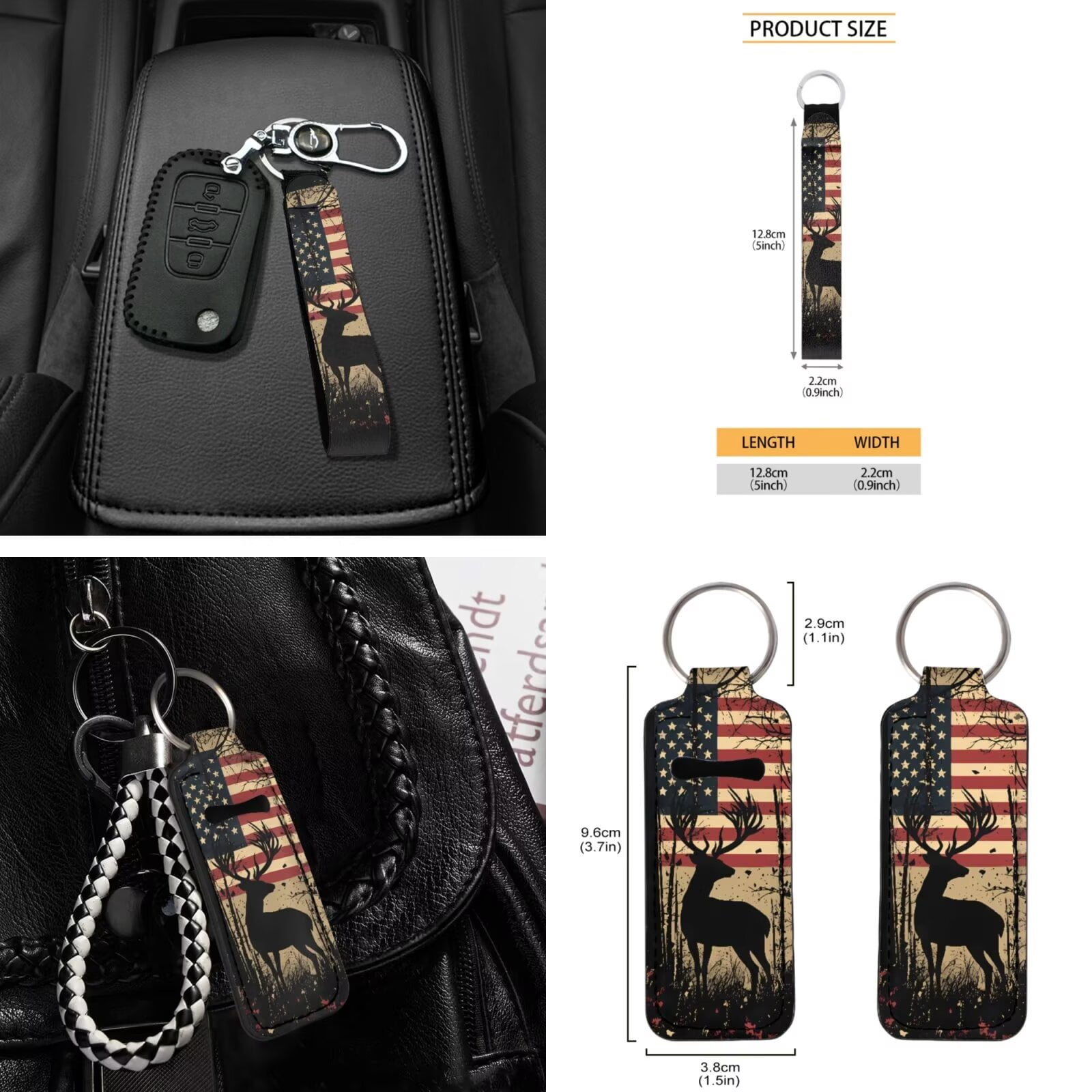 Garronmavis American Flag Deer 16 Pcs Car Accessories Set Car Seat Belt Pads Cover Keychain Gear Shifting Knob Cover Cup Mats Front Window Sunshade Rearview Mirror Cover Decorative Accessories