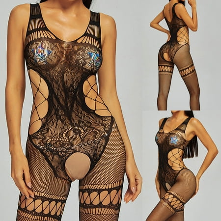 

MRULIC lingerie for women Suspenders Temptations Hollowed Out Perspective Fishing Net Jumpsuit Pajamas Black + One size